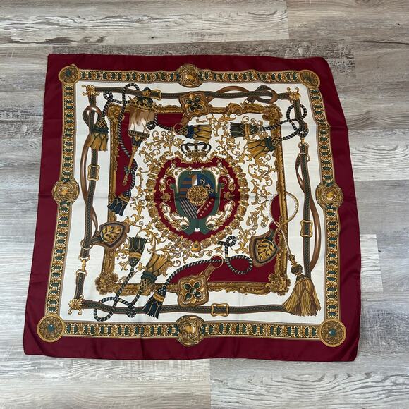 Vintage Italian Baroque Print Scarf Burgundy Gold Equestrian Chain 35x35 - Picture 1 of 7